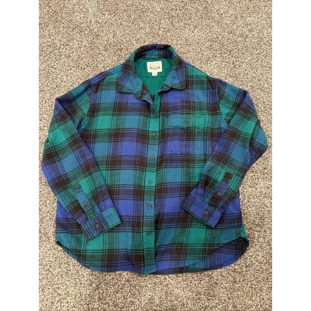 American Eagle Blue Green Plaid Flannel Button Down Shirt Womens Small 3671